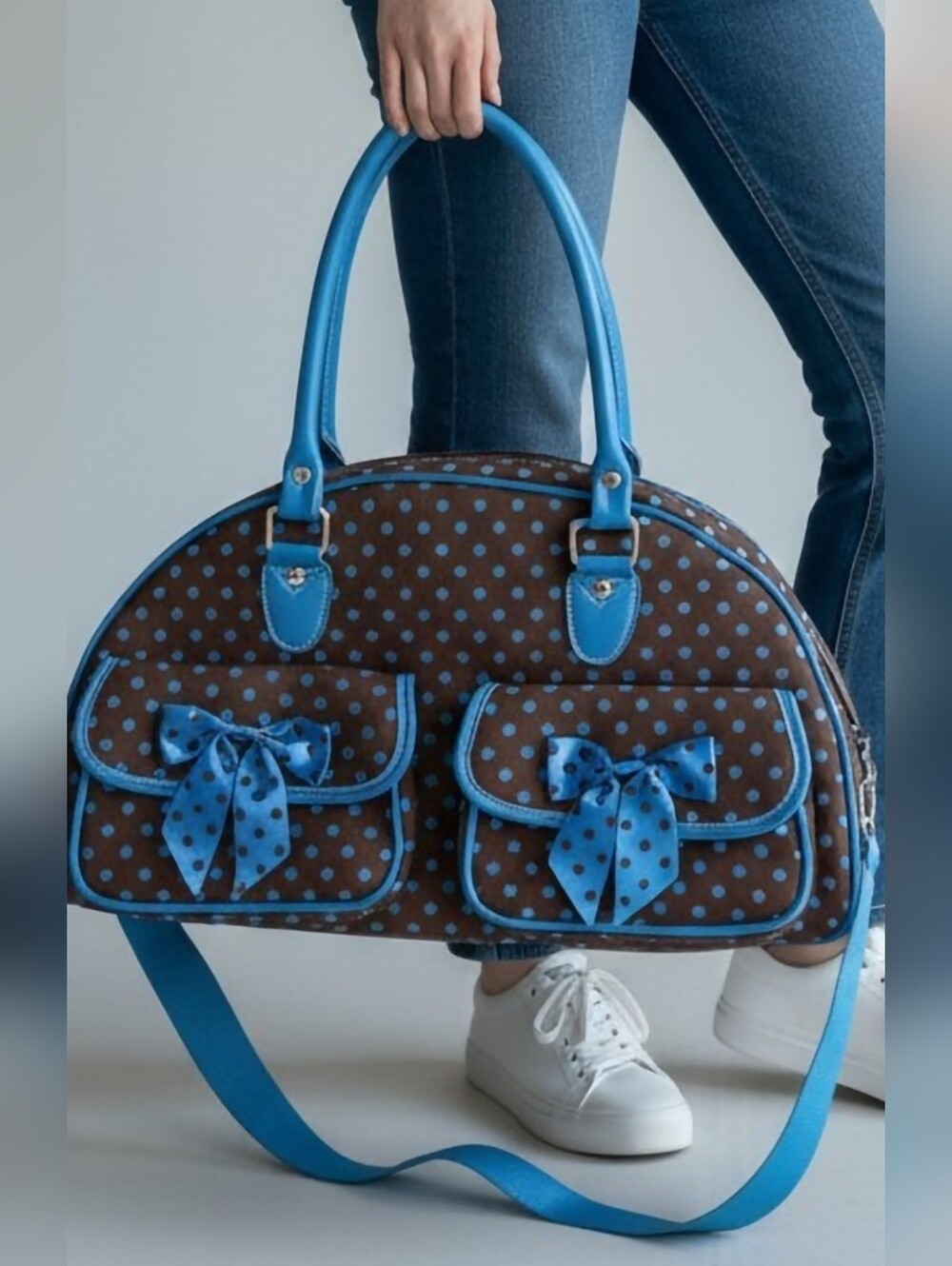 Brown & Blue Polka Dot Duffle Bag Bows Quilted Travel Weekender Overnight Tote